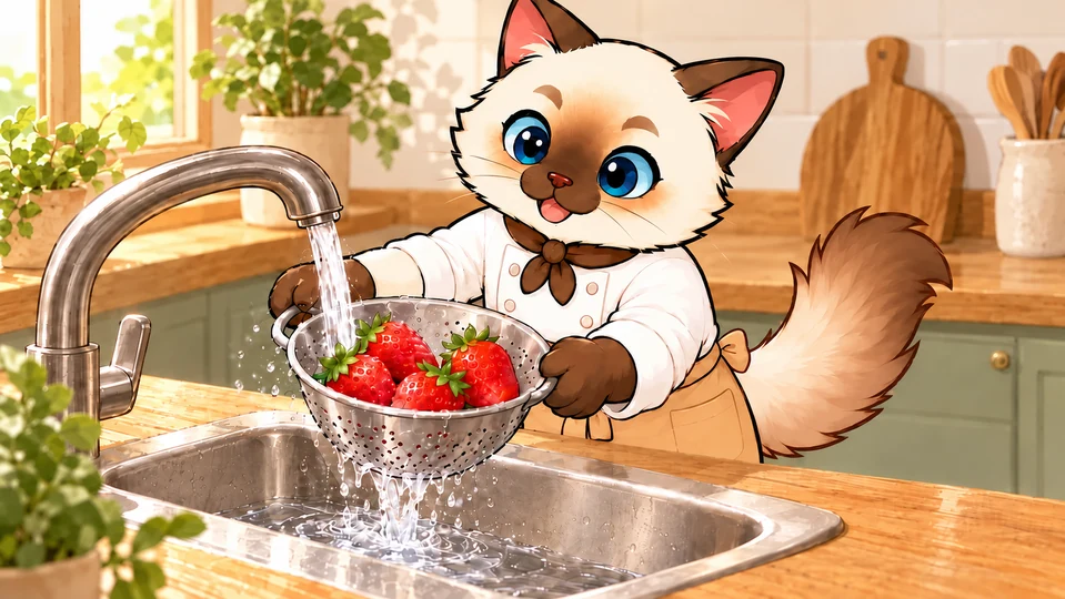 へたの付いたいちごを流水でやさしく洗うシン