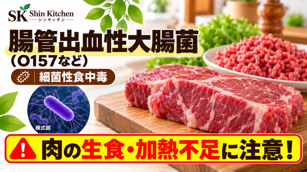 腸管出血性大腸菌（O157など）の模式図と牛肉・ひき肉。肉の生食や加熱不足への注意を示すアイキャッチ。