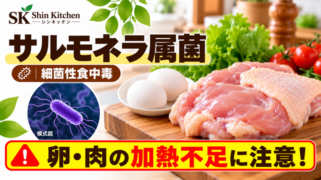 サルモネラ属菌。細菌性食中毒。卵と鶏肉、サルモネラの模式図。卵・肉の加熱不足に注意。