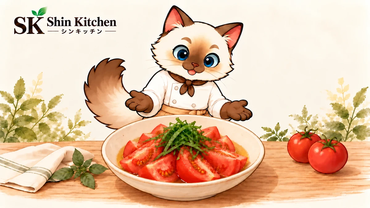 トマトと大葉のだし浸しのAI生成イラスト