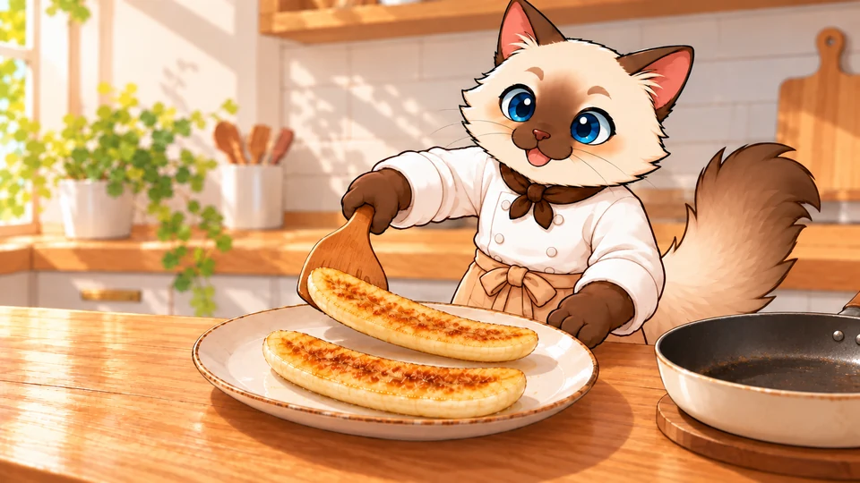 シンが焼きバナナ2切れを焼き色の面を上にして盛る