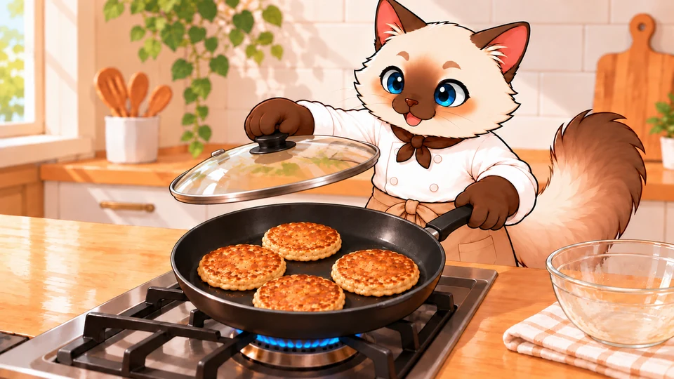 シンがふたを開けて4枚のパンケーキの焼け具合を確かめる