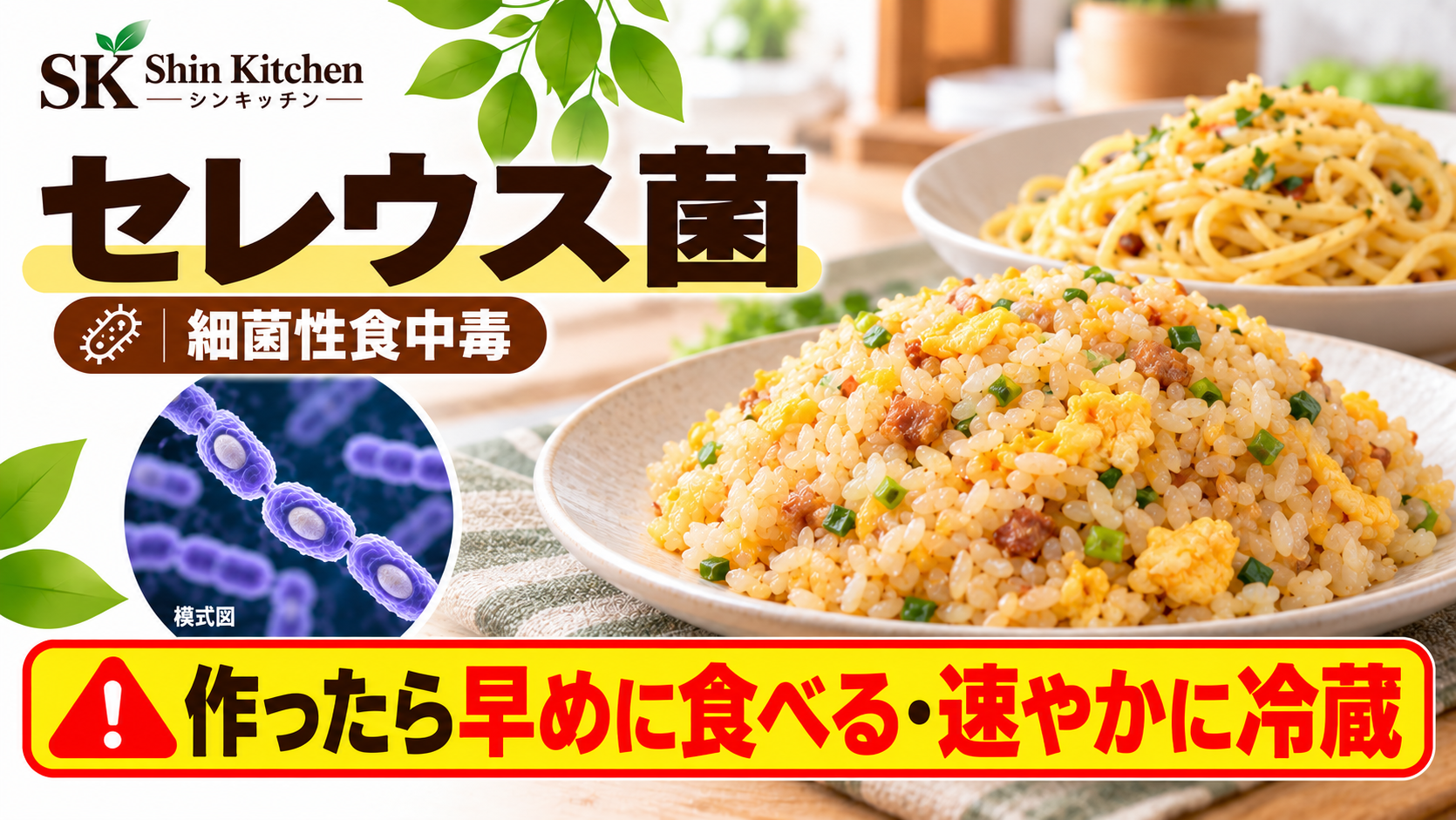 セレウス菌のアイキャッチ。チャーハンとパスタ、菌の模式図。作ったら早めに食べる・速やかに冷蔵する注意。左上にShin Kitchenのロゴ。