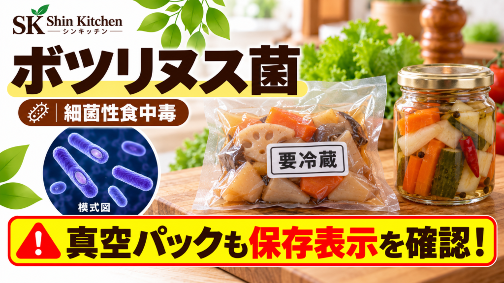 ボツリヌス菌による細菌性食中毒。要冷蔵と表示した真空パックと瓶詰め、桿菌と芽胞の模式図。真空パックも保存表示を確認する注意。左上にShin Kitchenのロゴ。