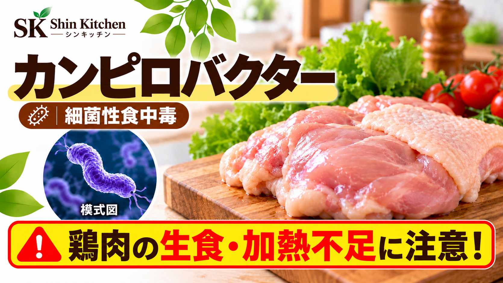カンピロバクターのアイキャッチ。鶏肉と菌のイメージ、鶏肉の生食・加熱不足への注意。左上にShin Kitchenのロゴ。 円形の菌の図に「模式図」と表示。