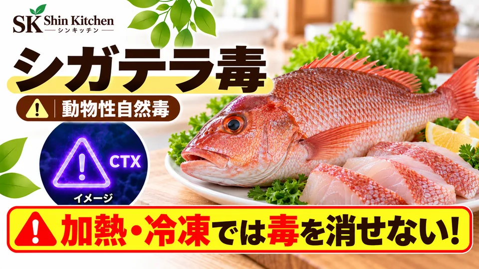 シガテラ毒：動物性自然毒。魚のイメージと、加熱・冷凍では毒を消せないという注意。