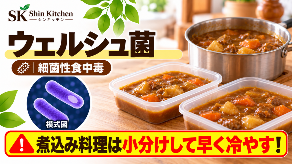 ウェルシュ菌による細菌性食中毒。鍋のカレーと浅い容器に小分けした料理、桿菌と芽胞の模式図。煮込み料理は小分けして早く冷やす案内。 円形の原因体の図に「模式図」と表示。