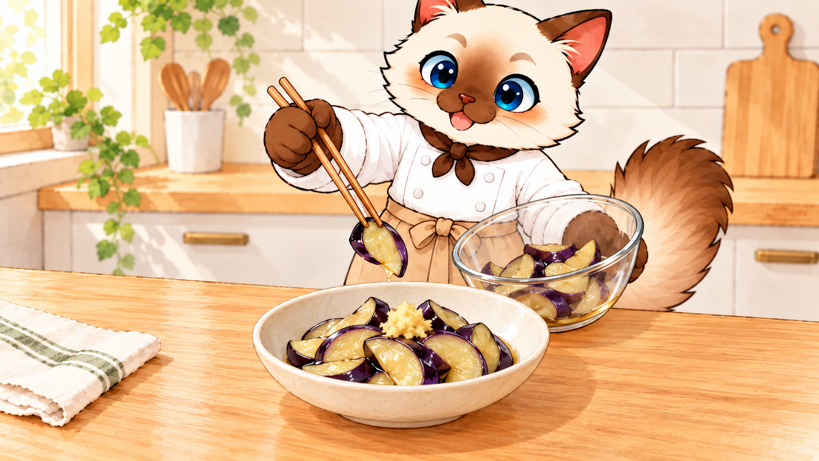 しょうが蒸しのなすを小鉢に移し、しょうがを添える