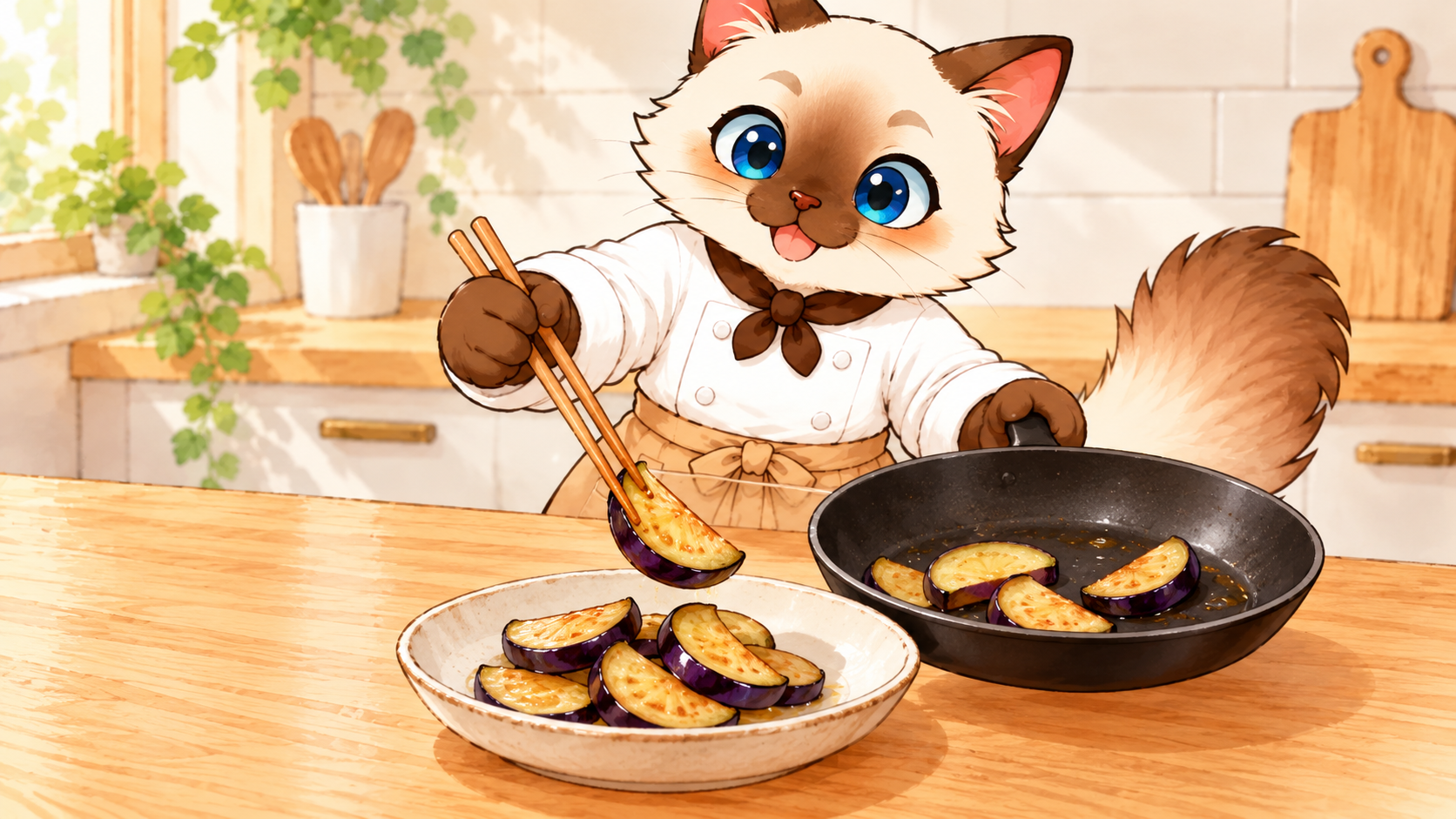 蒸し焼きにしたなすを小さな皿に盛り付ける