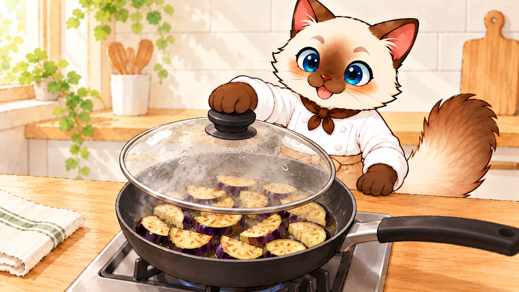 少量の水を加えてふたをし、なすをやわらかく蒸す