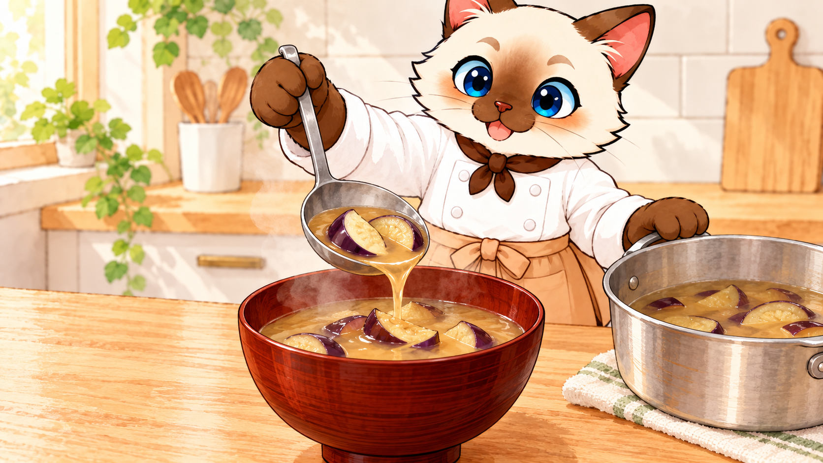 なすのみそ汁を大きめの汁椀によそう