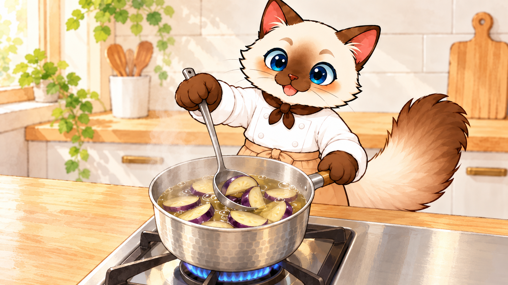 だし汁でなすの半月切りをやわらかく煮る
