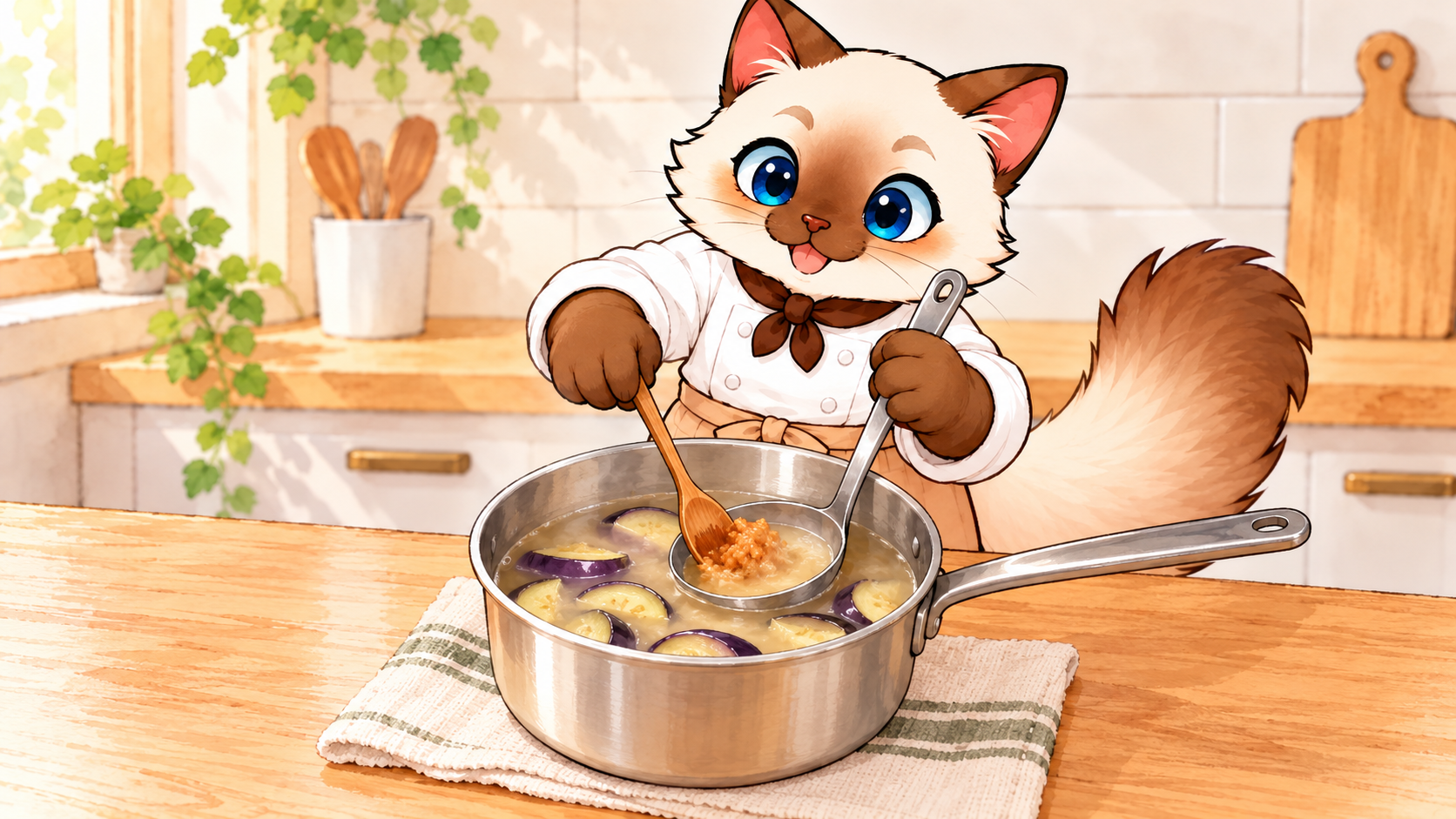 火を止めたなすの汁に、みそを溶き入れる