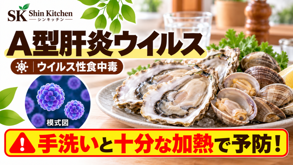 A型肝炎ウイルスによるウイルス性食中毒。二枚貝と水、球形ウイルスの模式図。手洗いと十分な加熱による予防の案内。