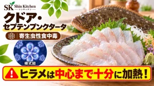 クドア・セプテンプンクタータの胞子の模式図とヒラメの刺身。ヒラメは中心まで十分に加熱。