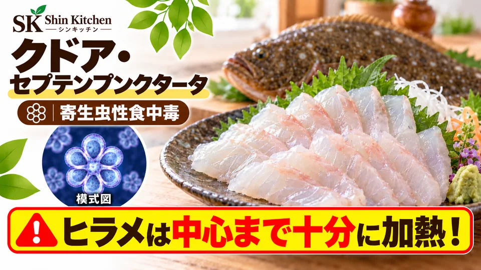 クドア・セプテンプンクタータの胞子の模式図とヒラメの刺身。ヒラメは中心まで十分に加熱。