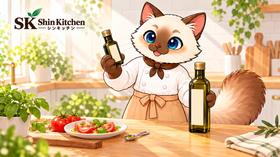 小さなオリーブオイルのボトルを比べるシン