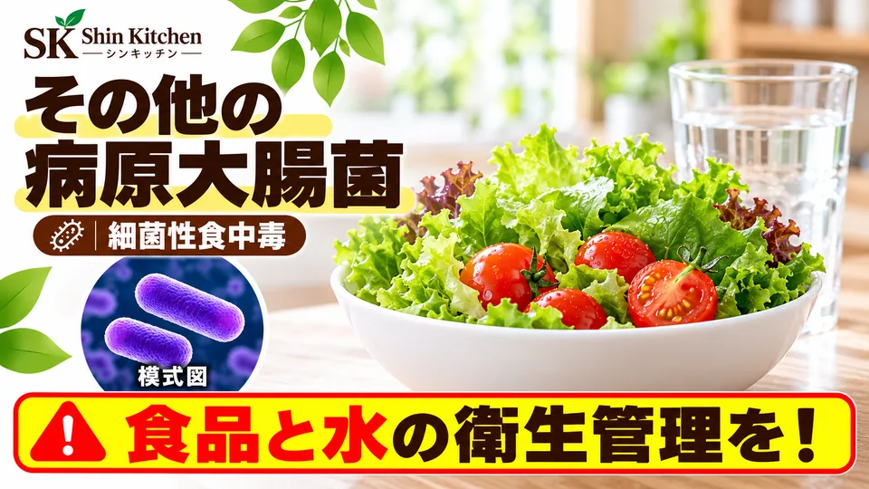 その他の病原大腸菌｜生野菜・飲用水と大腸菌の模式図。食品と水の衛生管理に注意