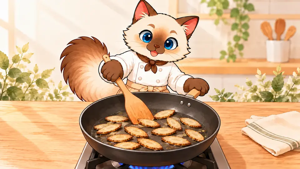 シンがごぼうの塩炒めの「薄く広げて焼き目を付ける」を行う