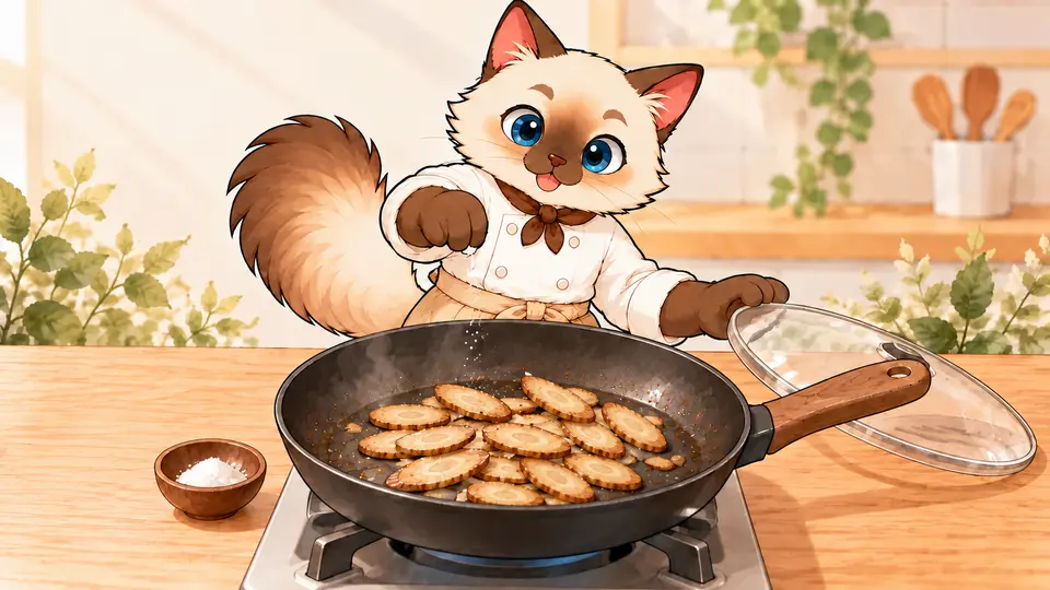 シンがごぼうの塩炒めの「蒸し焼きにして塩で仕上げる」を行う