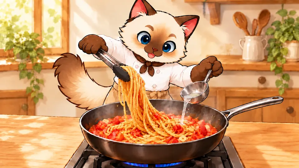 パスタとトマトソースを合わせる