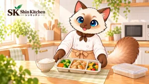 一人分の惣菜とごはんを用意するシン