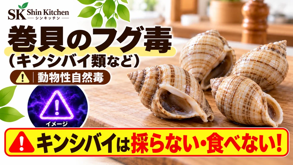巻貝のフグ毒(キンシバイ類など):動物性自然毒。巻貝のイメージと、キンシバイは採らない・食べないという注意。