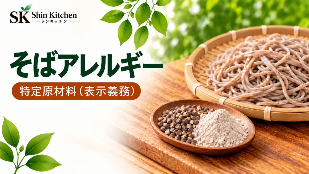 そばアレルギーのアイキャッチ。Shin Kitchenロゴと左下から伸びる葉飾り