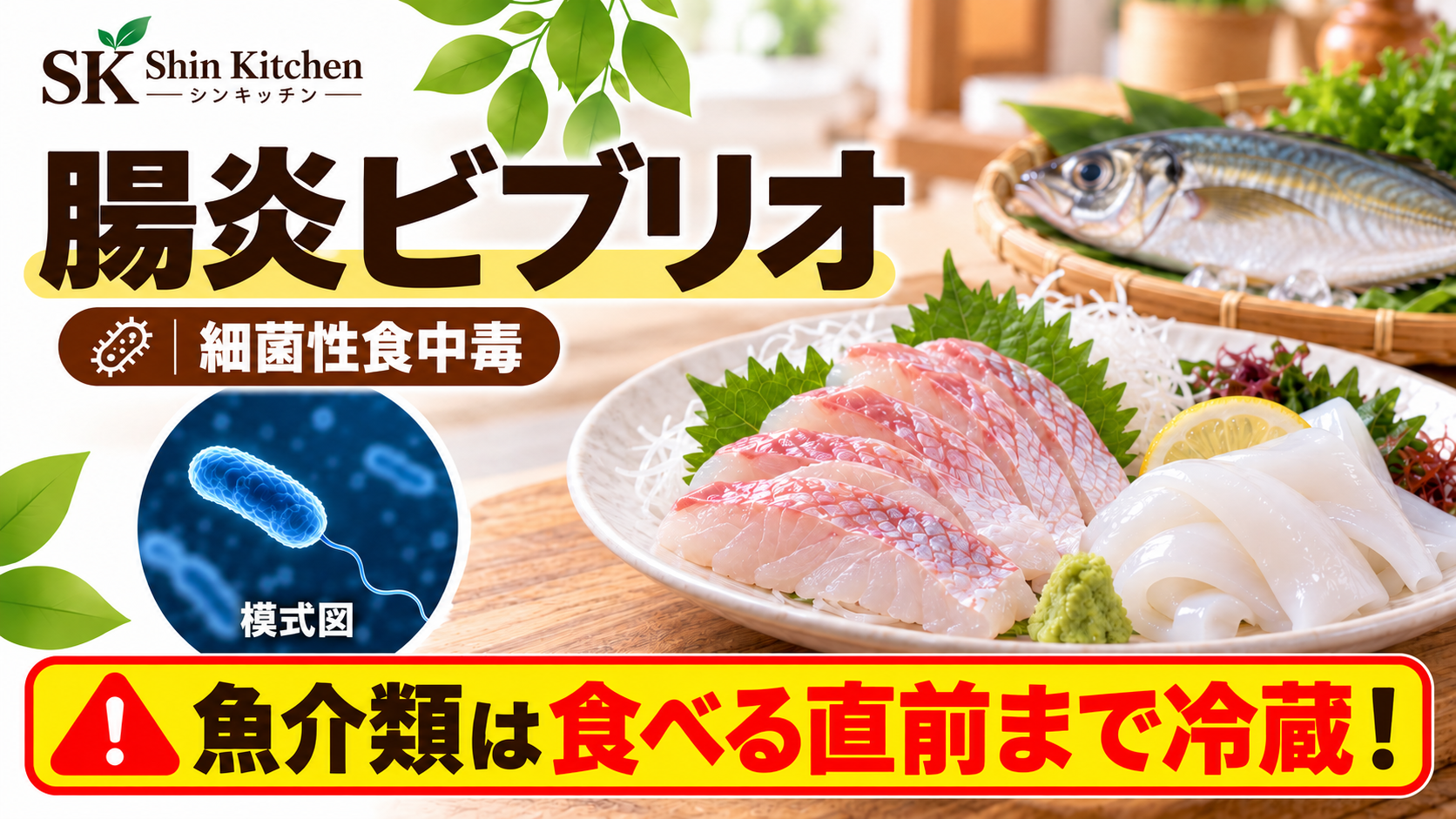 腸炎ビブリオによる細菌性食中毒。魚と刺身、一本の鞭毛を持つ菌の模式図。魚介類は食べる直前まで冷蔵する案内。 円形の原因体の図に「模式図」と表示。