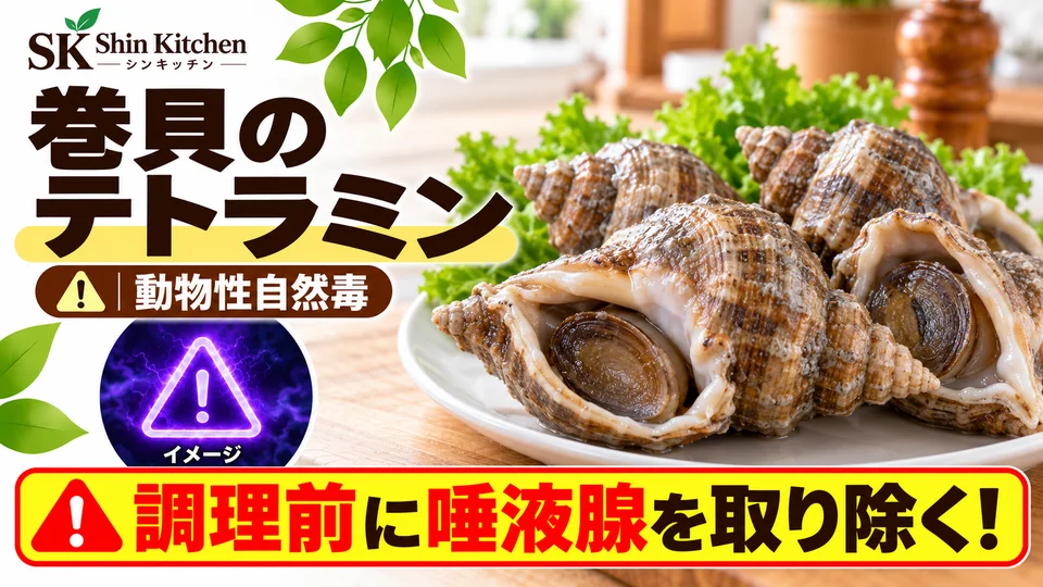 巻貝のテトラミン：動物性自然毒。ツブ貝のイメージと、調理前に唾液腺を取り除くという注意。