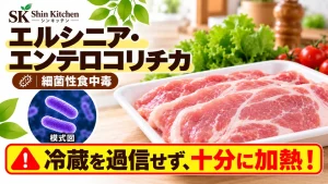 エルシニア・エンテロコリチカ｜豚肉と菌の模式図。冷蔵を過信せず十分に加熱